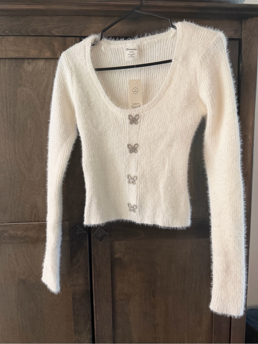 No Boundaries Cream Fuzzy Butterfly Button Cardigan Sweater
